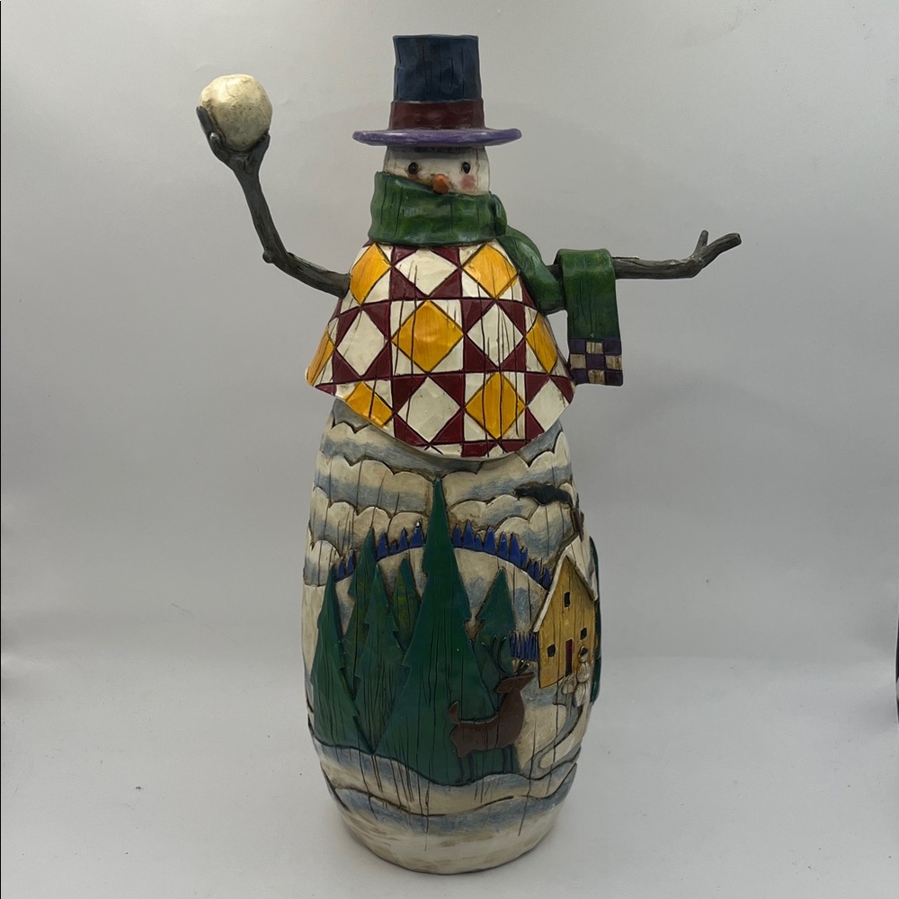Jim Shore Snowman with Geometric Cape and Winter Scene Wintr’s Mischief 2003